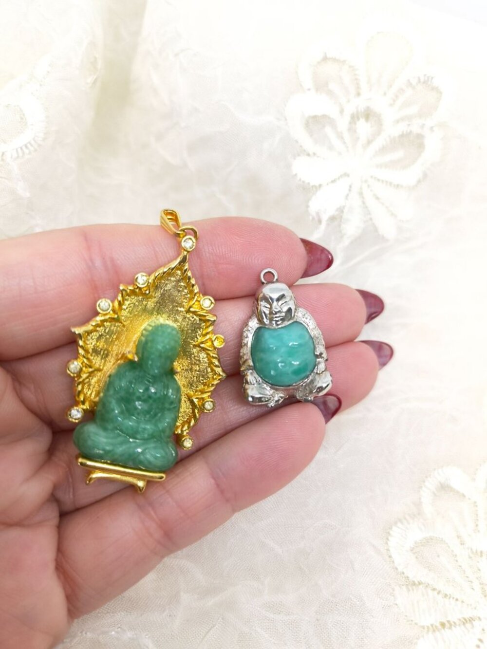 Vintage Asian Revival Faux Jade Glass Buddha Pendant & Monet Jelly Belly Buddha